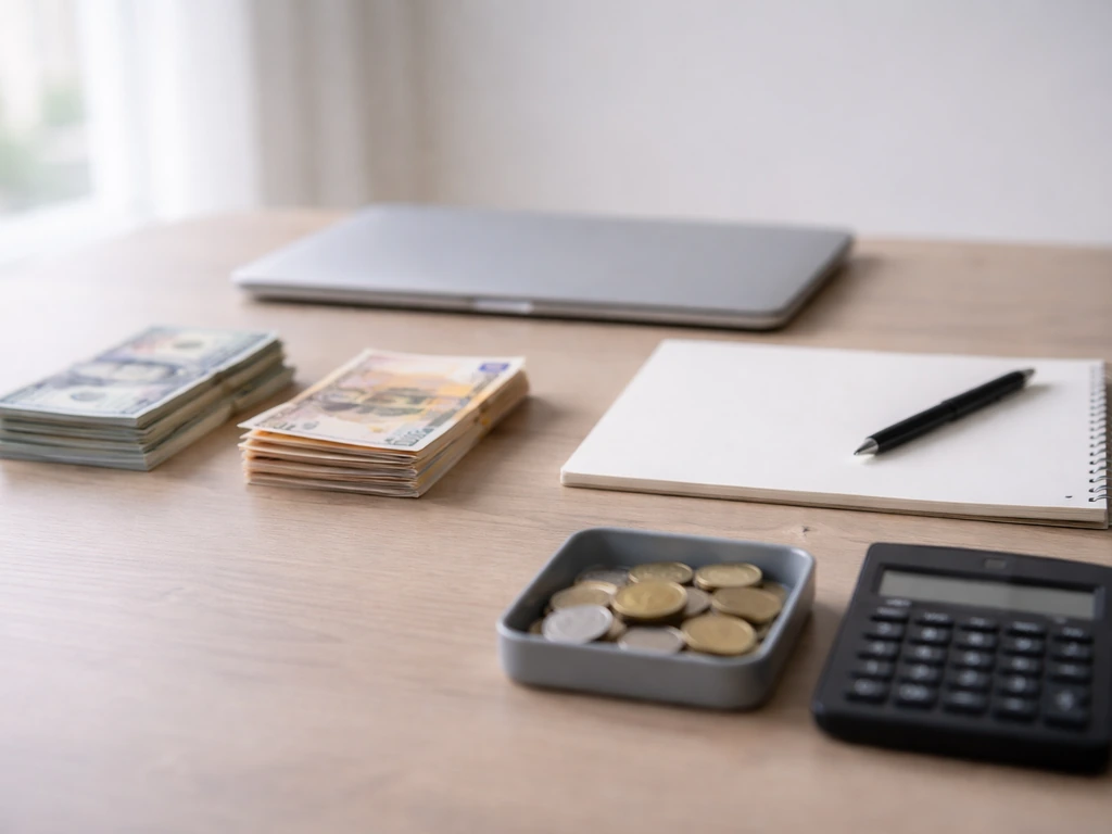 Minimal desk scene with calculator and cash, symbolizing differing net-worth estimates from various sources.