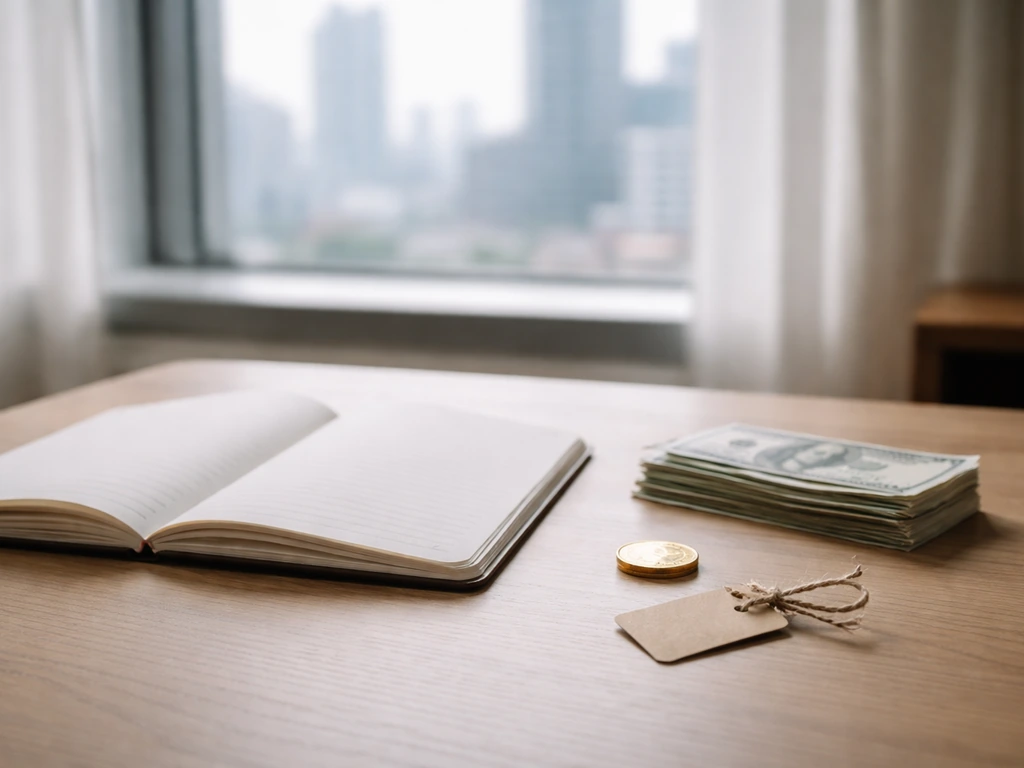 Minimal desk scene with an open notebook, a stack of cash, and a single coin, symbolizing a 2026 net-worth range forecas