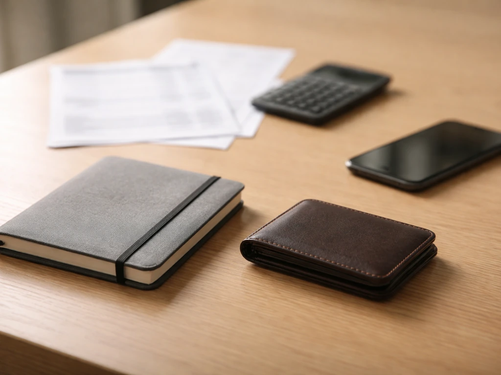 Minimal desk scene with calculator, wallet, and blurred financial documents suggesting private net worth verification.