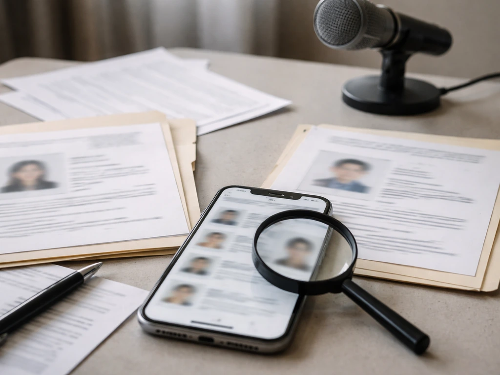 Desk scene with blurred search results, folders, and a magnifying glass symbolizing identity verification.