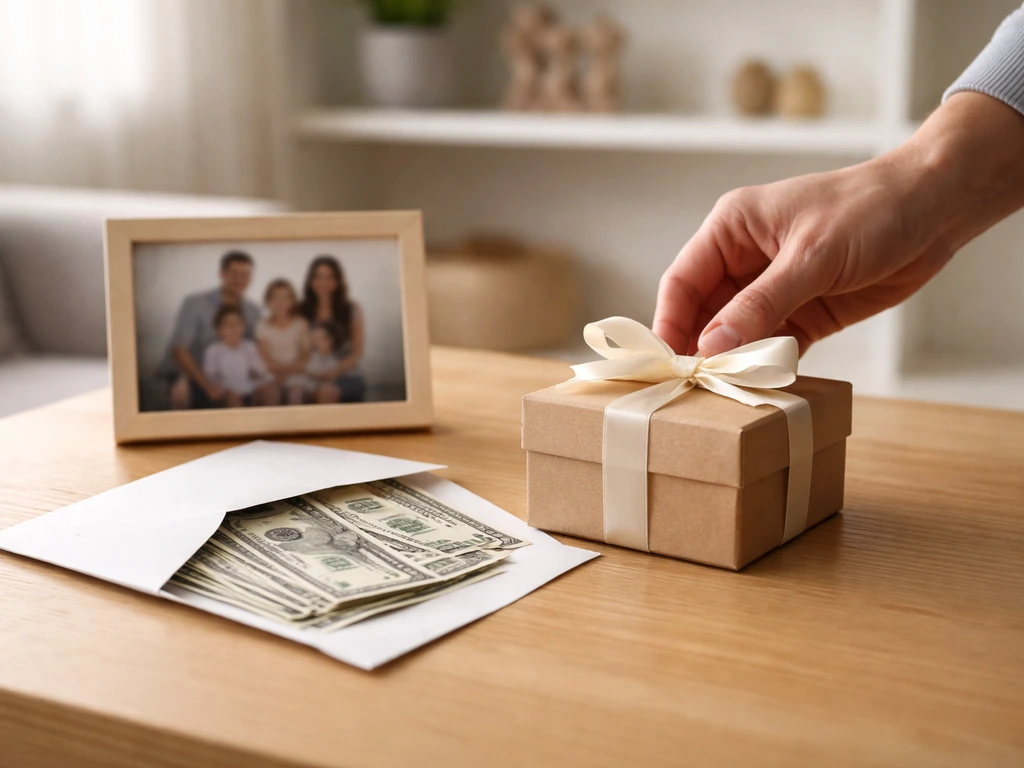 Anonymous hand placing a gift box next to cash on a coffee table with a blurred family photo background.