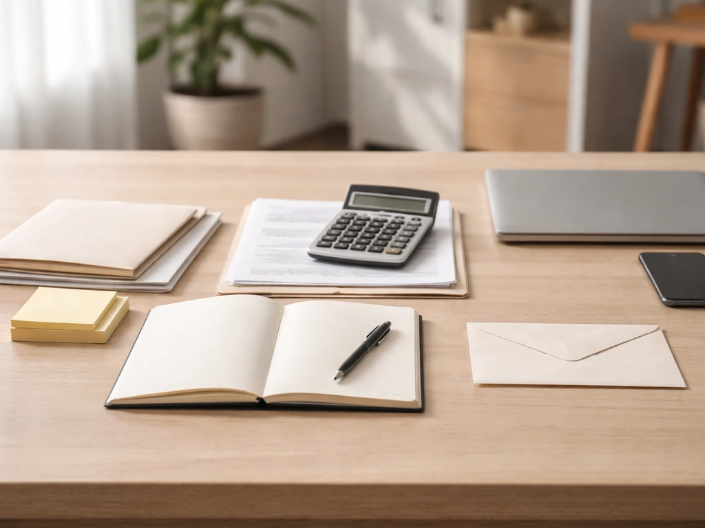 Minimal desk with calculator, notebook, and papers arranged to suggest financial estimate methodology without text.