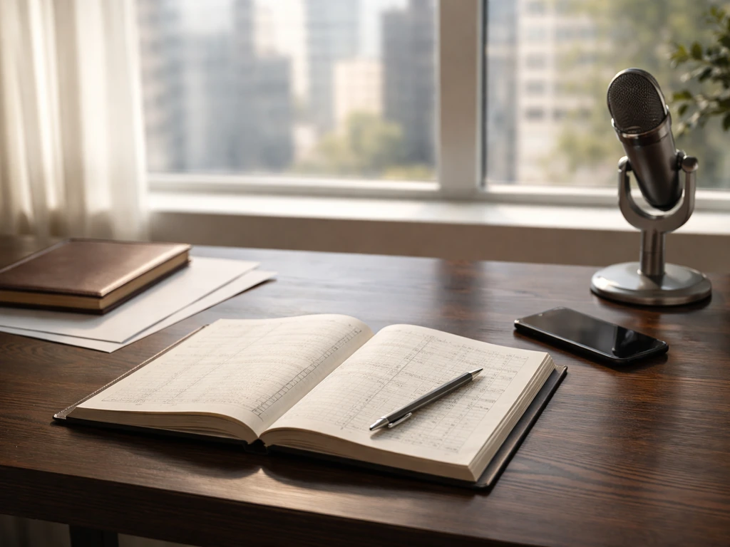 Minimal desk scene with ledger book, notebook, and smartphone, suggesting business research and wealth analysis.