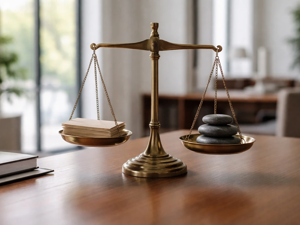 Minimal balance scale with unlabeled envelopes and weights in a quiet office, suggesting an uncertain net worth range.