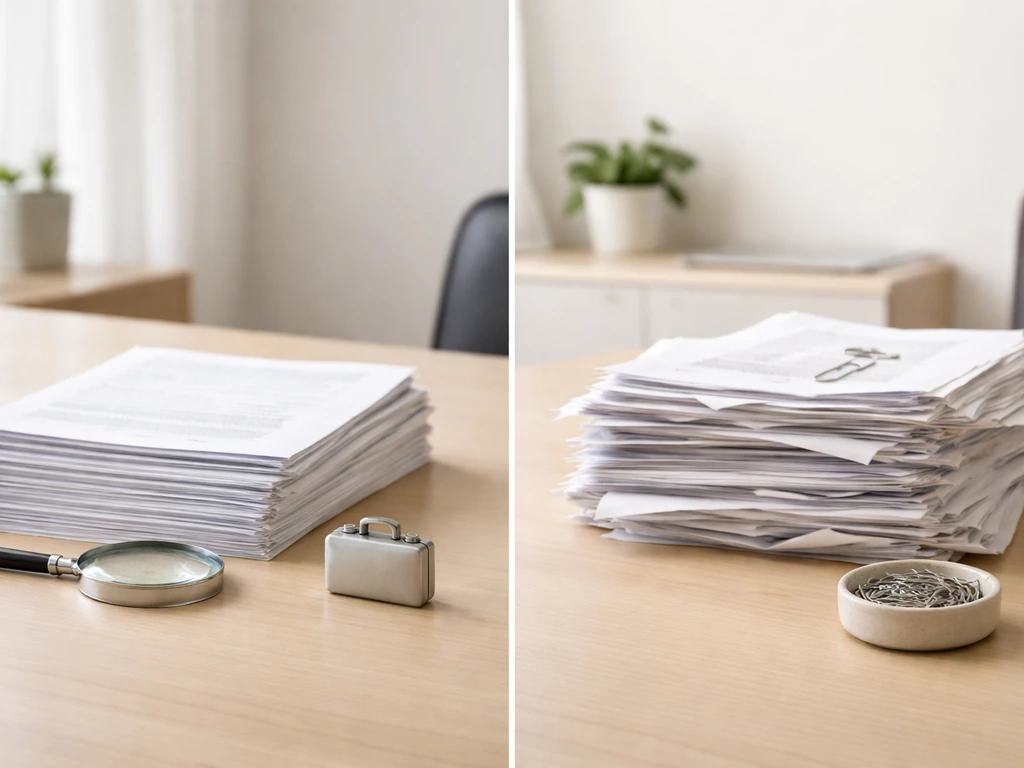 Minimal office desk scene with two contrasting piles of documents and a cash-like bundle, symbolizing supported vs not s