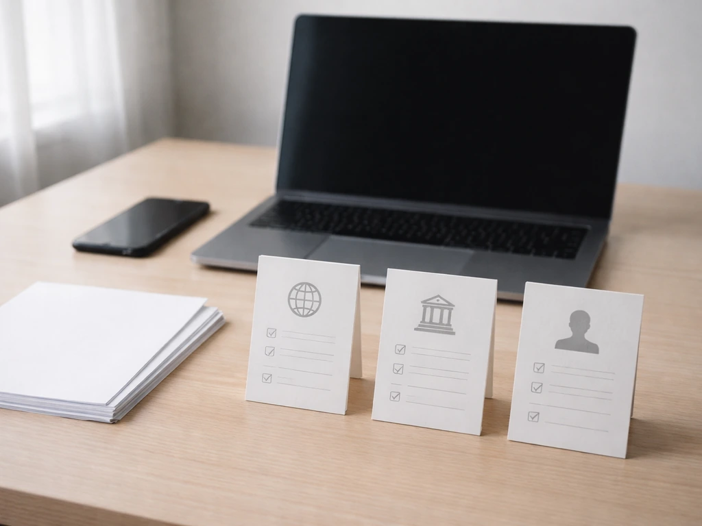 Minimal desk scene with laptop, blank documents, and verification icons on cards.
