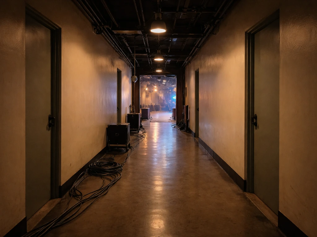 Empty Philippine TV studio hallway with warm lights and a blurred stage glow, symbolizing entertainment and estimates