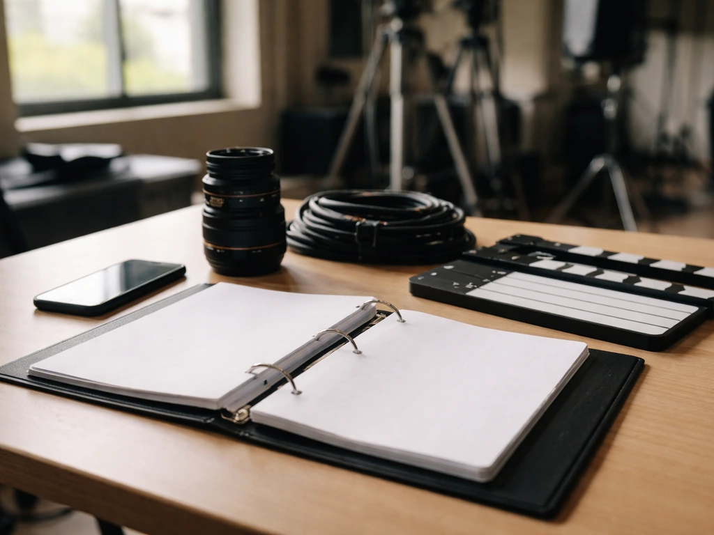 On-set production workspace with film crew items and a billing folder-like document holder, no faces.