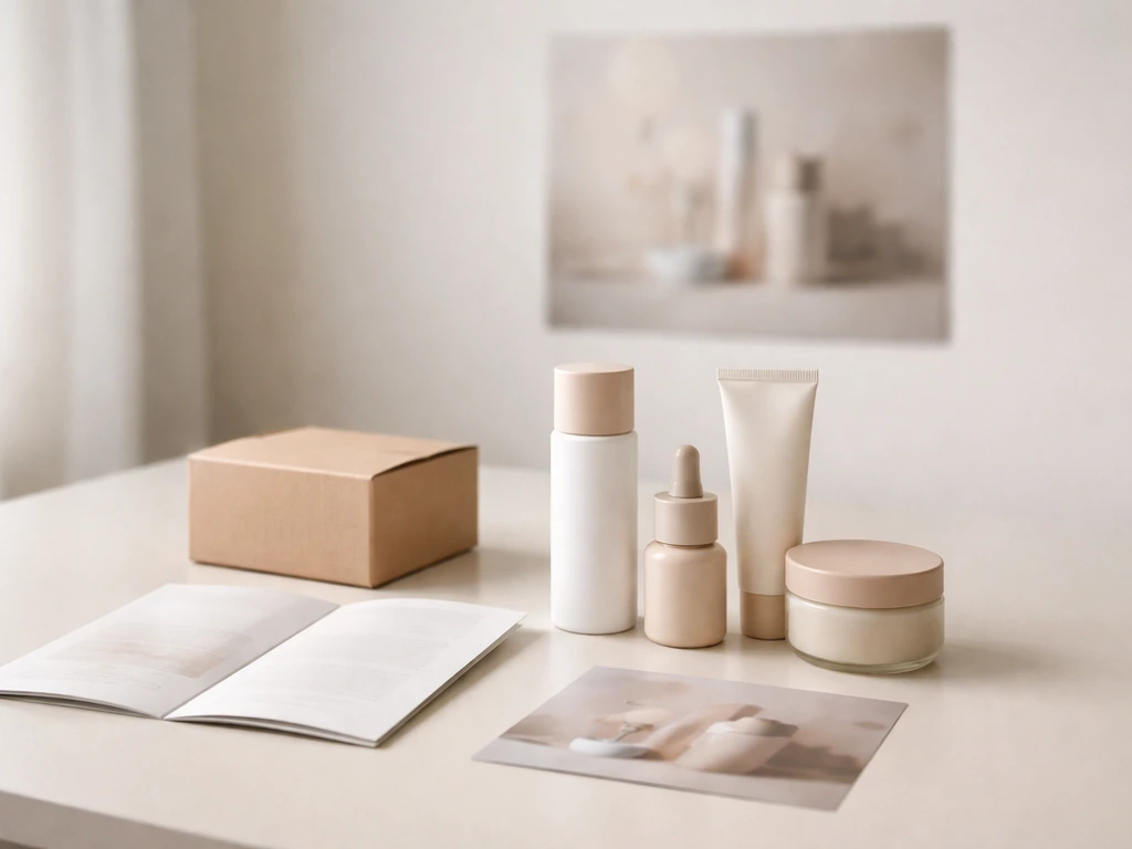Minimal tabletop still life with generic marketing materials and product packaging for endorsements theme.