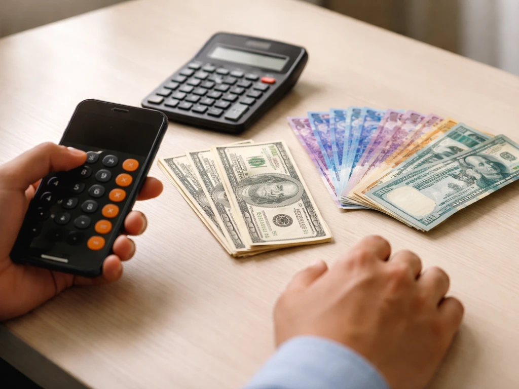 Minimal photo of an office desk with a calculator, currency, and USD-to-PHP conversion concept using hands