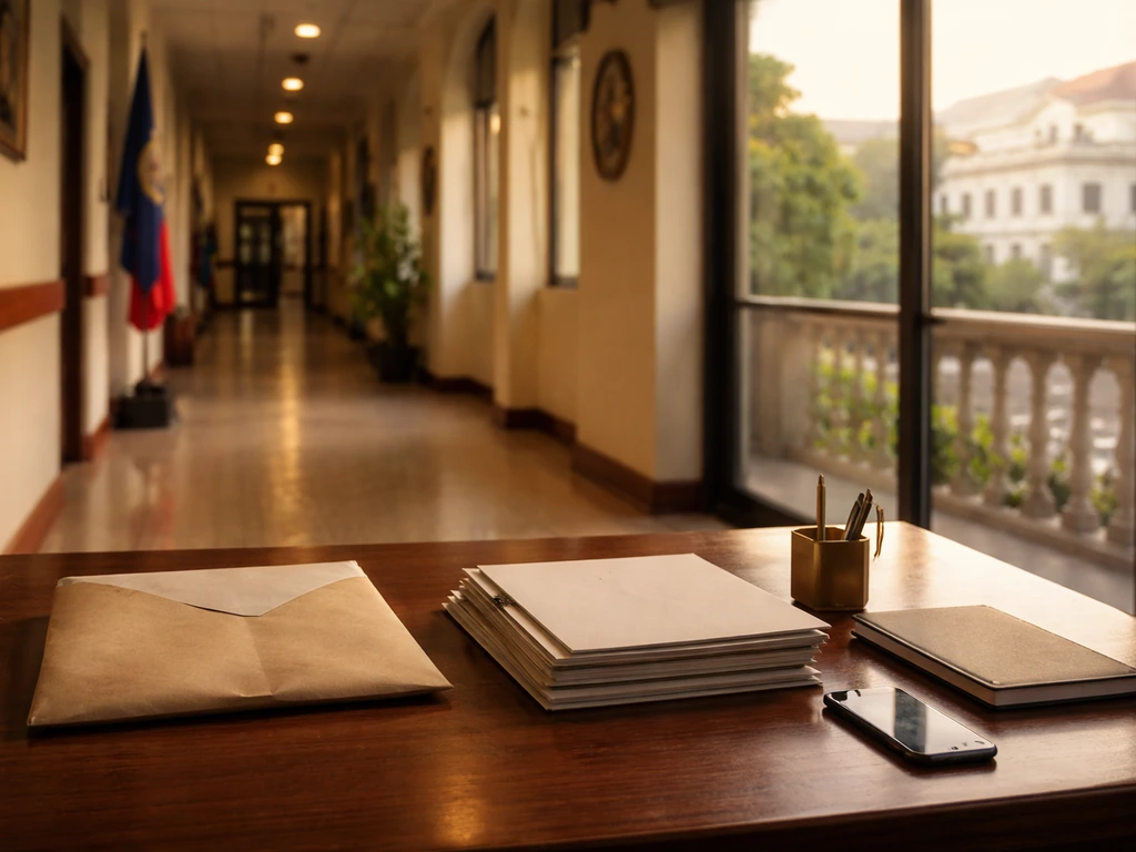 Minimal photo of a Philippine government-style office hallway with a subtle civic backdrop and wealth symbolism