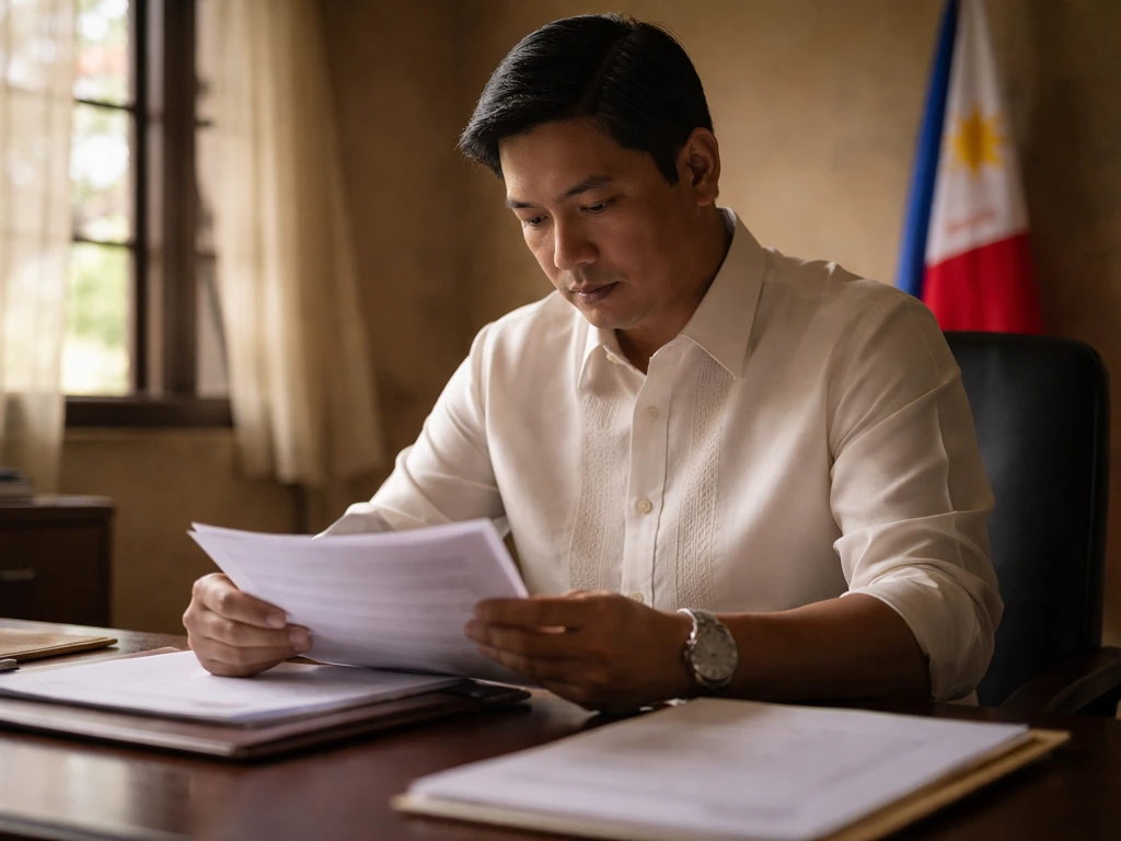A Filipino politician in a simple office setting in Ilocos-style surroundings, holding documents near a desk.