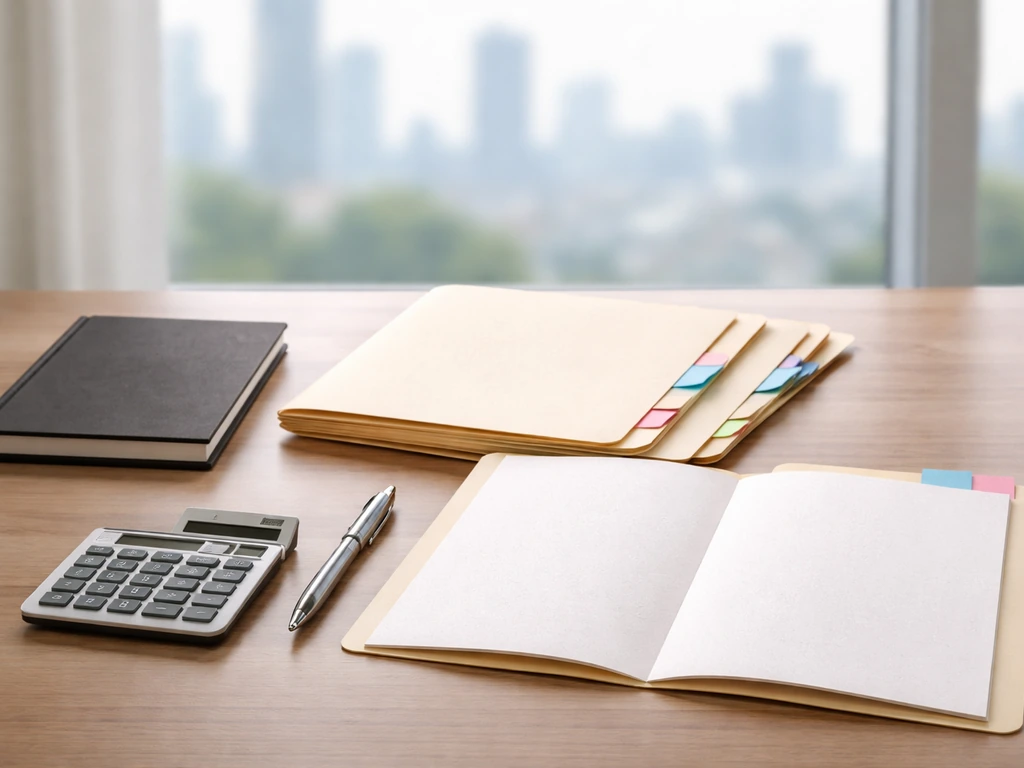 Minimal desk setup with notebook, folders, pen, calculator, and blank date-marker tabs symbolizing a 2016 declaration.