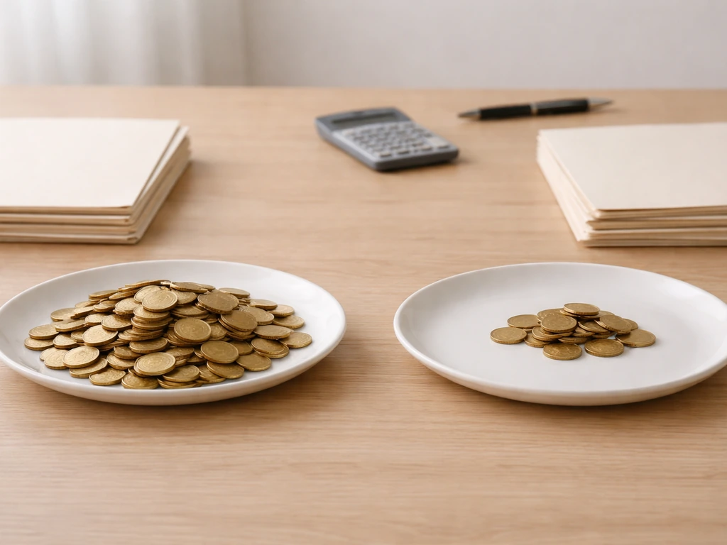 Minimal office desk showing two side-by-side plates with more gold coins on the assets side than liabilities.