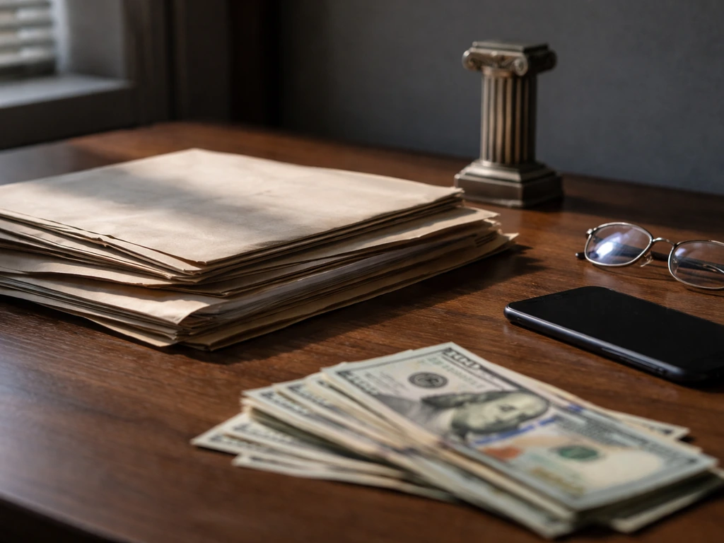 Minimal desk scene with investigative documents and a courthouse column beside blurred money, suggesting net-worth resea