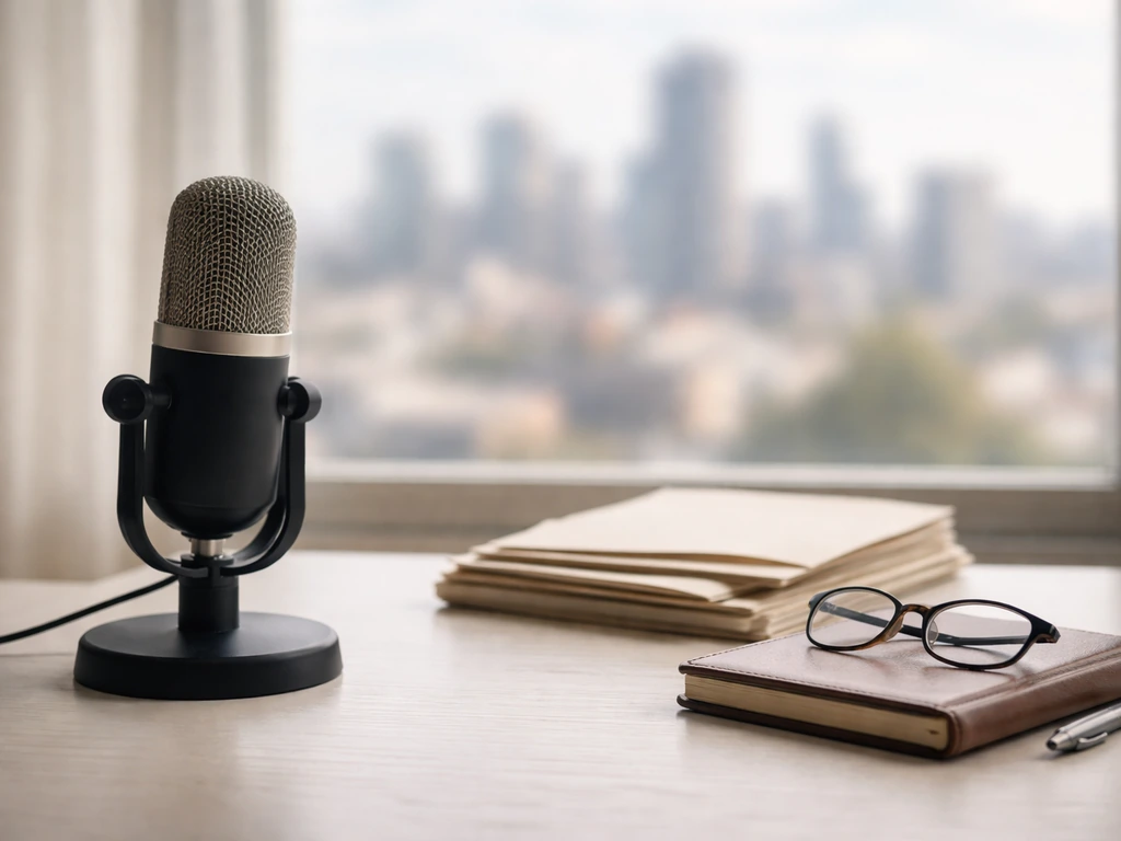 Microphone and documents on a desk with a blurred city skyline, symbolizing identity research and disambiguation