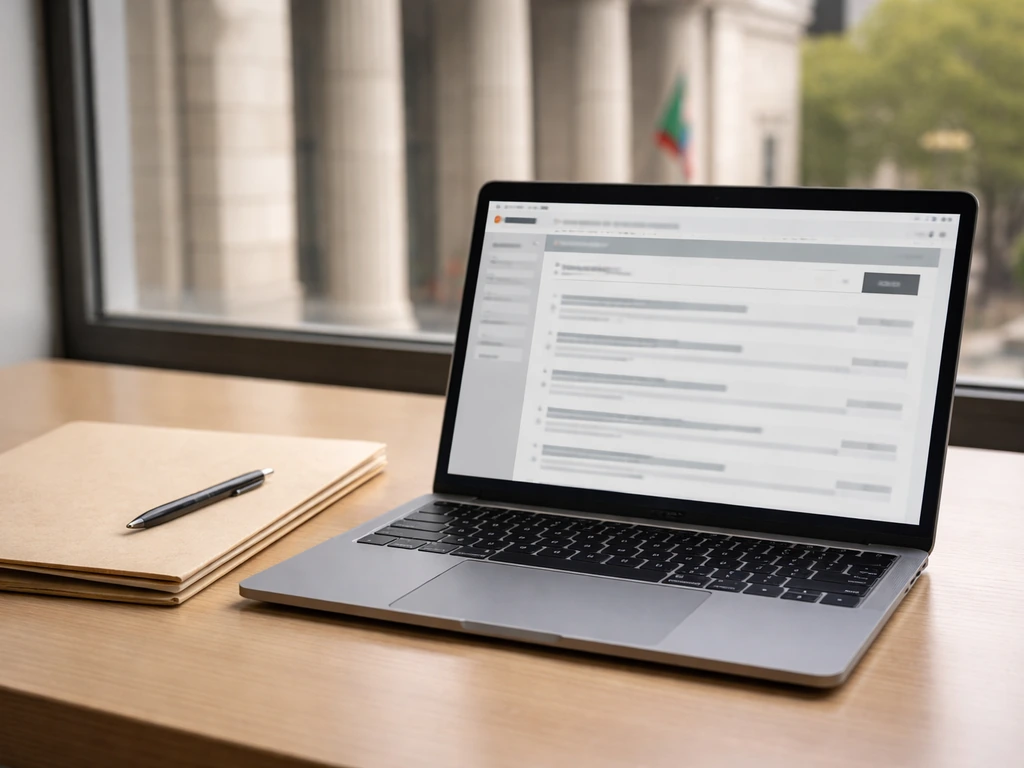 Laptop showing legal-record search results beside a courthouse exterior and a manila records folder.