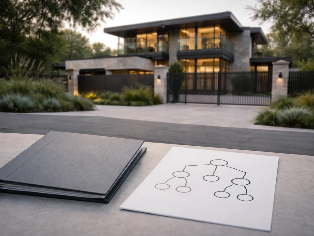 Modern gated property exterior with blurred registry document and blank holding-structure sketch cues.