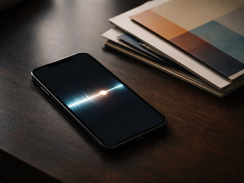 Close-up of a smartphone showing a music playback bar beside stacked vinyl records in soft light