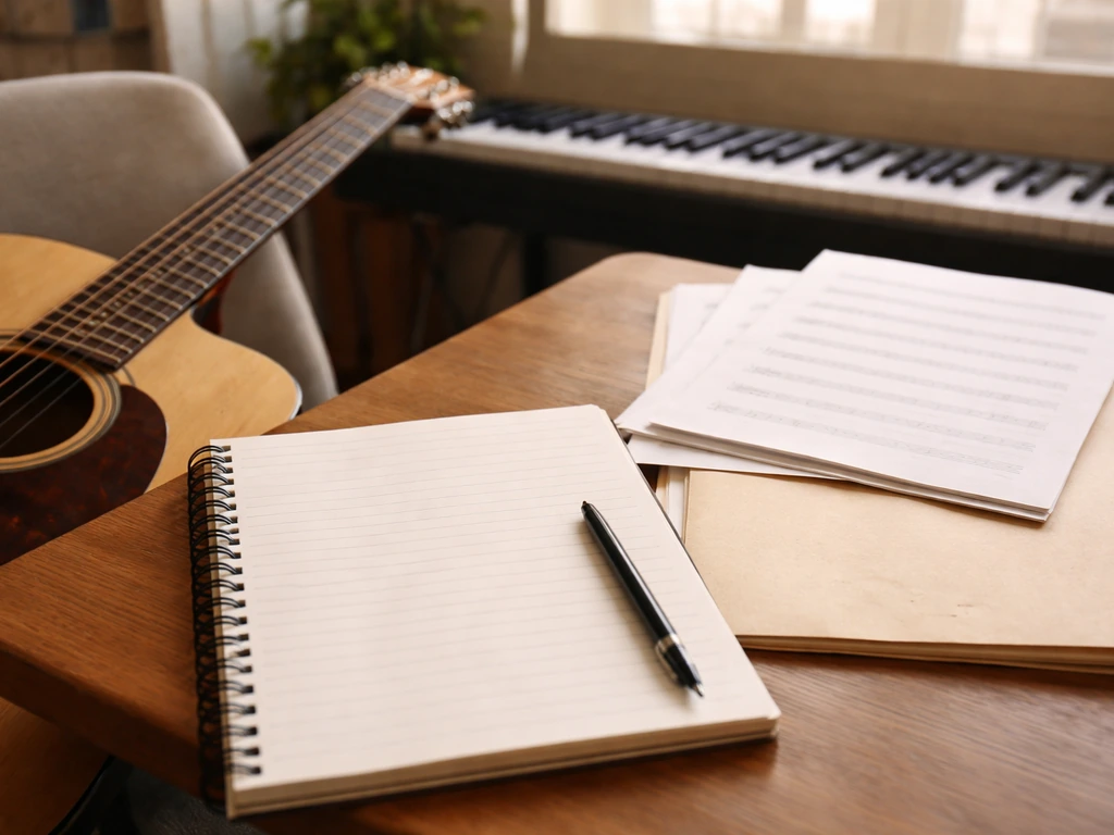 Close-up of a guitar, blank lyric notebook, and sheet music on a desk suggesting music publishing and royalties