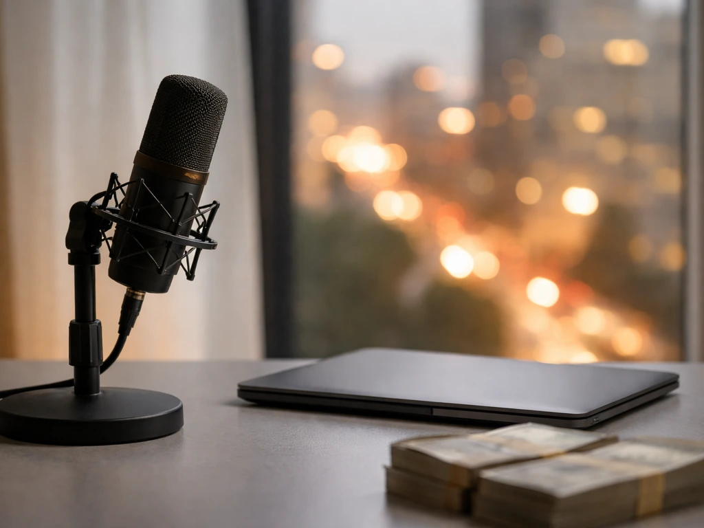 Minimal vertical photo of a studio desk with a microphone, cash-like textures, and blurred city light background
